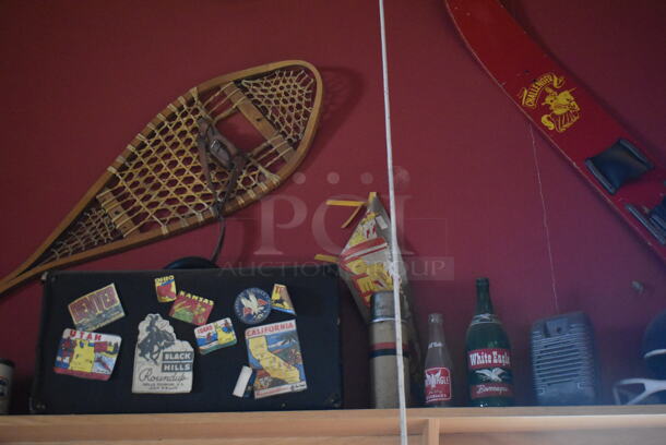 ALL ONE MONEY! Shelf Lot of Various Items Including Bottles, Tank and Luggage and Wall Decor Above The Shelf. Does Not Include The Shelf Itself. BUYER MUST REMOVE. (Dining Room) - Image 6 of 7