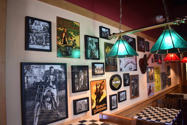 ALL ONE MONEY! Wall Lot of Various Pictures Including Harley Davidson, Motorcycles, Guitar. BUYER MUST REMOVE. (Side Dining Room) - Image 1 of 9