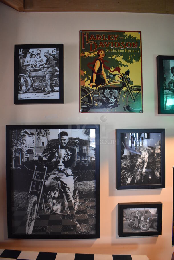 ALL ONE MONEY! Wall Lot of Various Pictures Including Harley Davidson, Motorcycles, Guitar. BUYER MUST REMOVE. (Side Dining Room) - Image 2 of 9