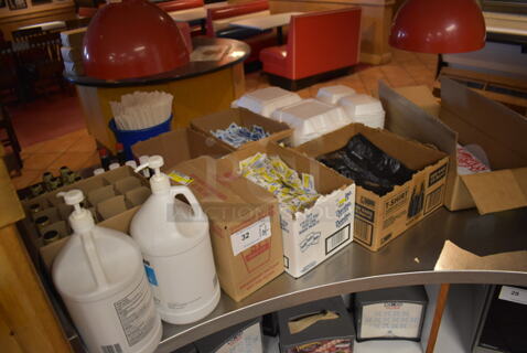 ALL ONE MONEY! Lot of Various Products Including Sugar Packets, Malt Vinegar Bottles and To Go Containers. (Front Kitchen) 