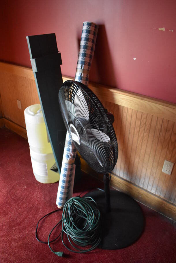 ALL ONE MONEY! Lot of Various Items Including Fan, Tablecloth Roll and 2 Barrels of Cleaner. (Side Dining Room) - Image 2 of 4