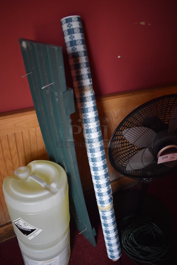 ALL ONE MONEY! Lot of Various Items Including Fan, Tablecloth Roll and 2 Barrels of Cleaner. (Side Dining Room) - Image 4 of 4