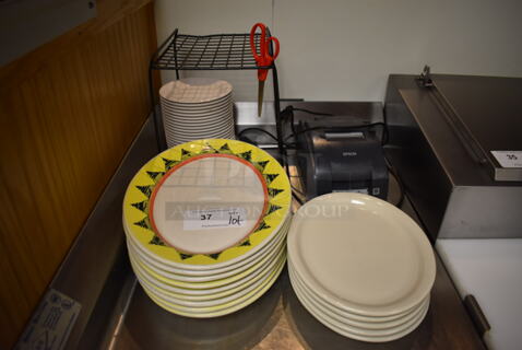 ALL ONE MONEY! Lot of Various Items Including Epson M188B Receipt Printer, Ceramic Plates and Black Wire Rack. (Front Kitchen)