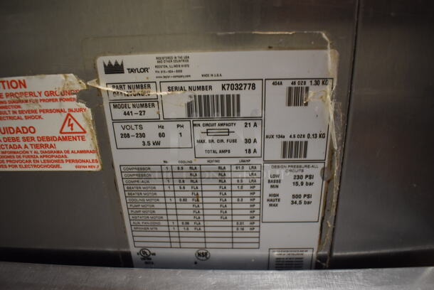 Taylor 441-27 Stainless Steel Commercial Floor Style Air Cooled Single Flavor Shake Freezer on Commercial Casters. 208-230 Volts, 1 Phase. Unit Was In Working Condition When Restaurant Closed. (Front Kitchen) - Image 8 of 9