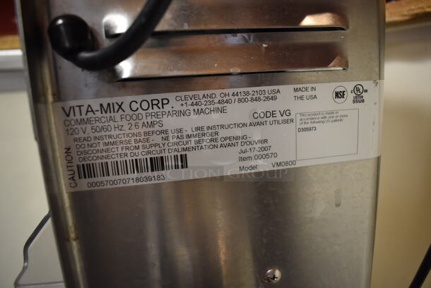 Vita-Mix VM0800 Stainless Steel Commercial Countertop Milkshake Mixer w/ Metal Mixing Cup. 120 Volts, 1 Phase. Unit Was In Working Condition When Restaurant Closed. (Front Kitchen) - Image 6 of 6
