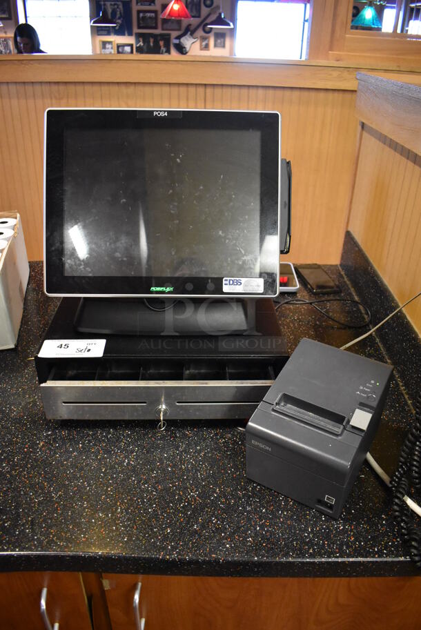 ALL ONE MONEY! Lot of Posiflex XT-3000 15" POS Monitor w/ Epson M267D Receipt Printer and Metal Cash Drawer. (Front Kitchen) - Image 1 of 8