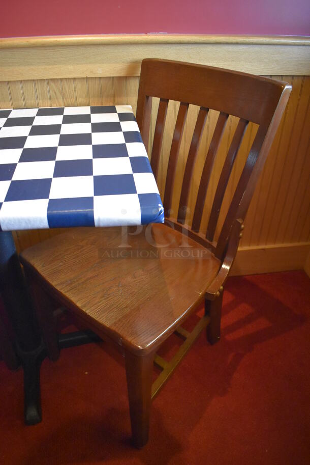 Table w/ Table Cloth on Black Metal Table Base and 2 Wooden Dining Chairs. Stock Picture - Cosmetic Condition May Vary. 30x24x29, 18x16x35. (Party Dining Room) - Image 2 of 5