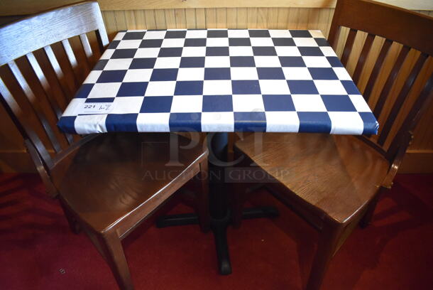 Table w/ Table Cloth on Black Metal Table Base and 2 Wooden Dining Chairs. Stock Picture - Cosmetic Condition May Vary. 30x24x29, 18x16x35. (Party Dining Room) - Image 4 of 5