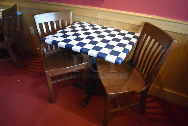 Table w/ Table Cloth on Black Metal Table Base and 2 Wooden Dining Chairs. Stock Picture - Cosmetic Condition May Vary. 30x24x29, 18x16x35. (Party Dining Room) - Image 5 of 5