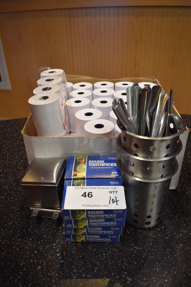 ALL ONE MONEY! Lot of Various Items Including Receipt Printer Paper Rolls and Utensils. (Front Kitchen)