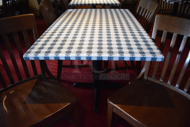 Table w/ Table Cloth on Black Metal Table Base and 4 Wooden Dining Chairs. Stock Picture - Cosmetic Condition May Vary. 30x48x28, 18x16x35. (Party Dining Room) - Image 4 of 5