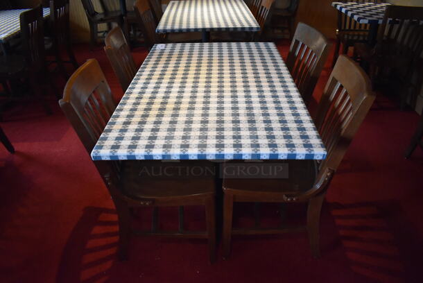 Table w/ Table Cloth on Black Metal Table Base and 4 Wooden Dining Chairs. Stock Picture - Cosmetic Condition May Vary. 30x48x28, 18x16x35. (Party Dining Room) - Image 5 of 5