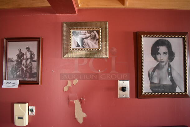 ALL ONE MONEY! Wall Lot of Various Pictures Including Audrey Hepburn, Tennis Racket and Actors. BUYER MUST REMOVE. (Party Dining Room) - Image 2 of 10