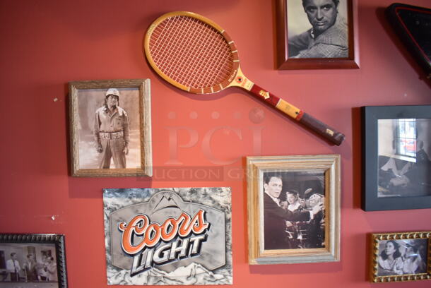 ALL ONE MONEY! Wall Lot of Various Pictures Including Audrey Hepburn, Tennis Racket and Actors. BUYER MUST REMOVE. (Party Dining Room) - Image 5 of 10