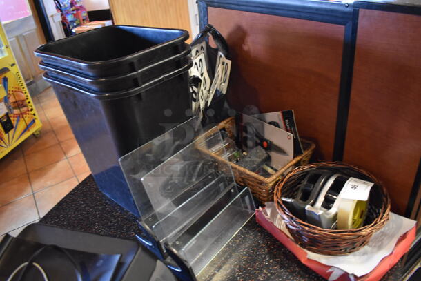 ALL ONE MONEY! Lot of Various Items Including Black Trash Cans, Table Numbers and Tape Dispensers. (Front Kitchen) - Image 5 of 5