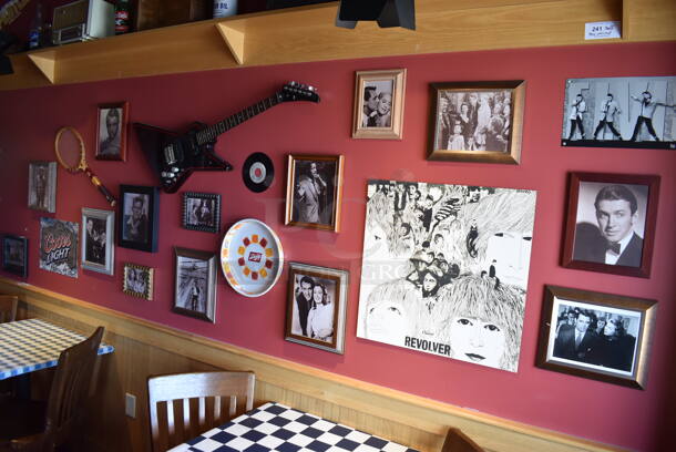 ALL ONE MONEY! Wall Lot of Various Pictures Including Audrey Hepburn, Tennis Racket and Actors. BUYER MUST REMOVE. (Party Dining Room) - Image 10 of 10