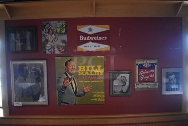 ALL ONE MONEY! Wall Lot of Various Pictures Including Actors, Budweiser Sign and Bill Haley. BUYER MUST REMOVE. (Party Dining Room) - Image 1 of 5
