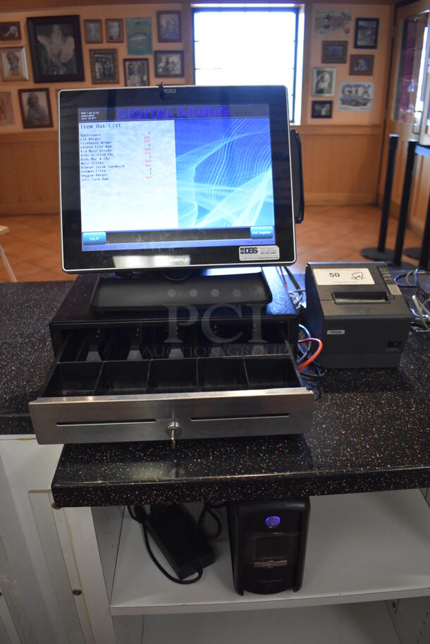 ALL ONE MONEY! Lot of Posiflex XT-3000 15" POS Monitor w/ CyberPower 1000VA UPS, Epson M129H Receipt Printer and Metal Cash Drawer. Unit Was In Working Condition When Restaurant Closed. (Front Kitchen) - Image 1 of 9