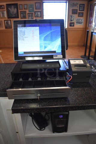 ALL ONE MONEY! Lot of Posiflex XT-3000 15" POS Monitor w/ CyberPower 1000VA UPS, Epson M129H Receipt Printer and Metal Cash Drawer. Unit Was In Working Condition When Restaurant Closed. (Front Kitchen)