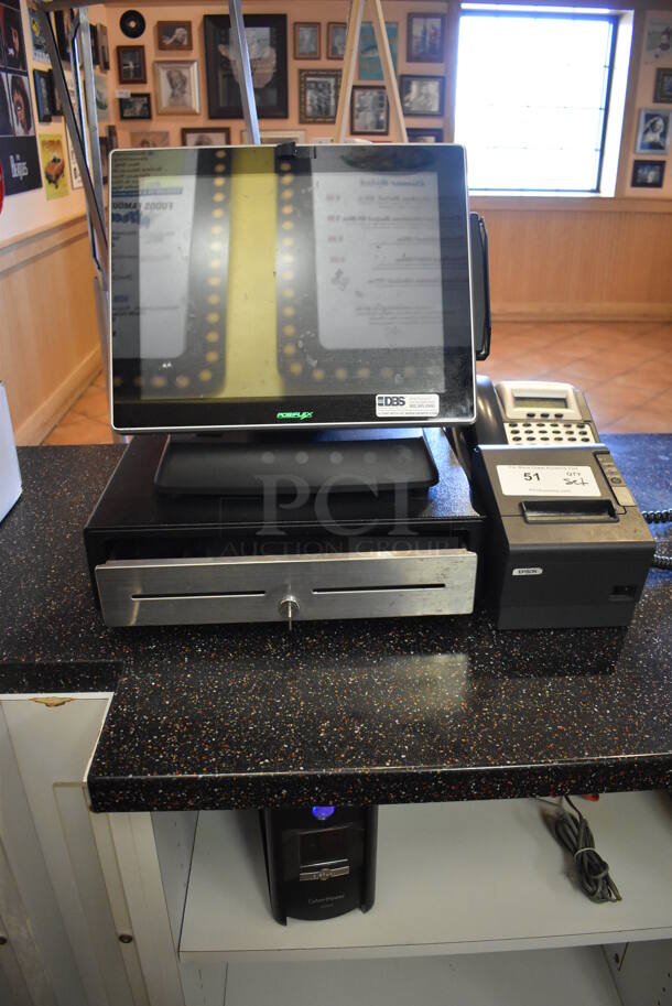ALL ONE MONEY! Lot of Posiflex XT-3000 15" POS Monitor w/ CyberPower 1000VA UPS, Epson M129H Receipt Printer and Metal Cash Drawer. Unit Was In Working Condition When Restaurant Closed. (Front Kitchen) - Image 1 of 9
