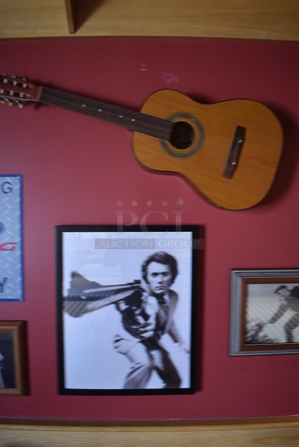 ALL ONE MONEY! Wall Lot of Various Pictures Including Actors, Elvis, Clint Eastwood and Guitar. BUYER MUST REMOVE. (Party Dining Room) - Image 4 of 7