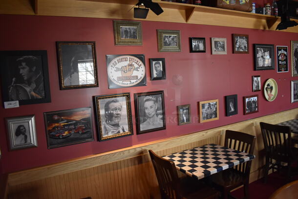 ALL ONE MONEY! Wall Lot of Various Pictures Including Audrey Hepburn, Elvis and Rolling Stones. BUYER MUST REMOVE. (Party Dining Room) - Image 1 of 7