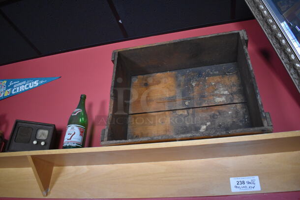 ALL ONE MONEY! Shelf Lot of Various Items Including Crates, Bottles and Luggage and Wall Decor Above The Shelf. Does Not Include The Shelf Itself. BUYER MUST REMOVE. (Party Dining Room) - Image 2 of 8