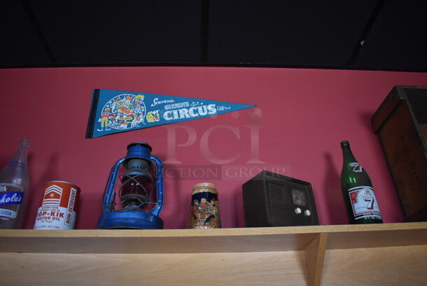 ALL ONE MONEY! Shelf Lot of Various Items Including Crates, Bottles and Luggage and Wall Decor Above The Shelf. Does Not Include The Shelf Itself. BUYER MUST REMOVE. (Party Dining Room) - Image 3 of 8