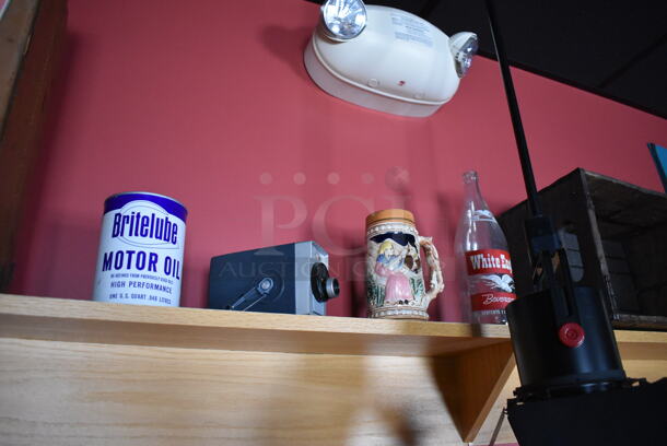 ALL ONE MONEY! Shelf Lot of Various Items Including Crates, Bottles and Luggage and Wall Decor Above The Shelf. Does Not Include The Shelf Itself. BUYER MUST REMOVE. (Party Dining Room) - Image 5 of 8