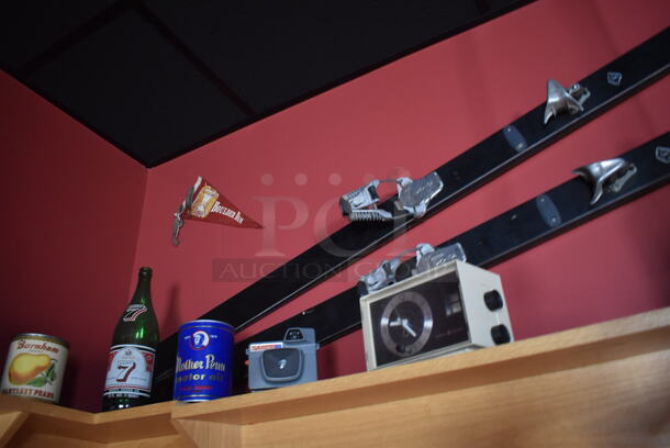 ALL ONE MONEY! Shelf Lot of Various Items Including Crates, Bottles and Luggage and Wall Decor Above The Shelf. Does Not Include The Shelf Itself. BUYER MUST REMOVE. (Party Dining Room) - Image 8 of 8