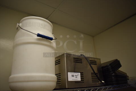 ALL ONE MONEY! Tier Lot of Various Items Including White Ice Bucket, Food Warmer and Black Poly Trays. (Kitchen)