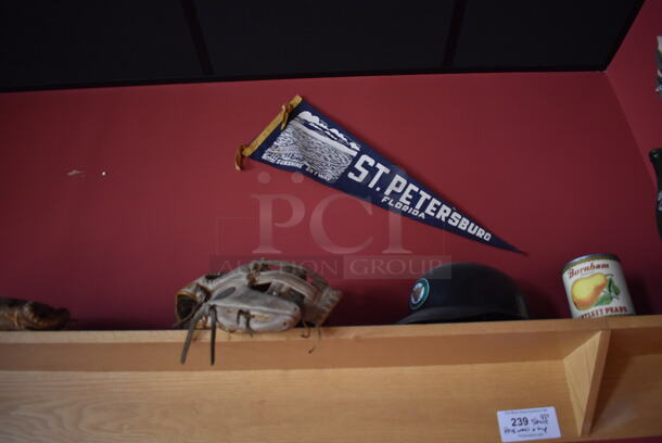 ALL ONE MONEY! Shelf Lot of Various Items Including Bottles and Hats and Wall Decor Above The Shelf. Does Not Include The Shelf Itself. BUYER MUST REMOVE. (Party Dining Room) - Image 2 of 8