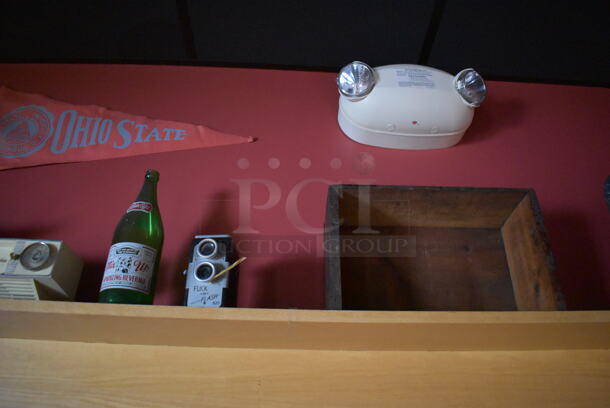 ALL ONE MONEY! Shelf Lot of Various Items Including Bottles and Hats and Wall Decor Above The Shelf. Does Not Include The Shelf Itself. BUYER MUST REMOVE. (Party Dining Room) - Image 4 of 8