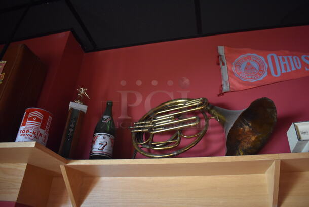 ALL ONE MONEY! Shelf Lot of Various Items Including Bottles and Hats and Wall Decor Above The Shelf. Does Not Include The Shelf Itself. BUYER MUST REMOVE. (Party Dining Room) - Image 6 of 8