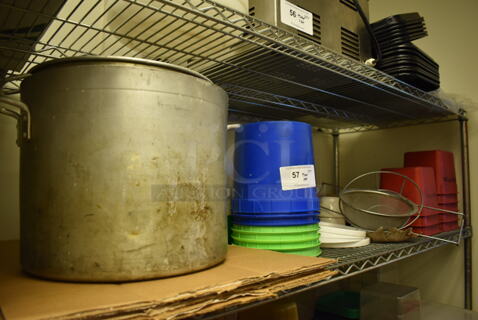 ALL ONE MONEY! Tier Lot of Various Items Including Metal Stock Pot, Poly Buckets and Strainer. (Kitchen)