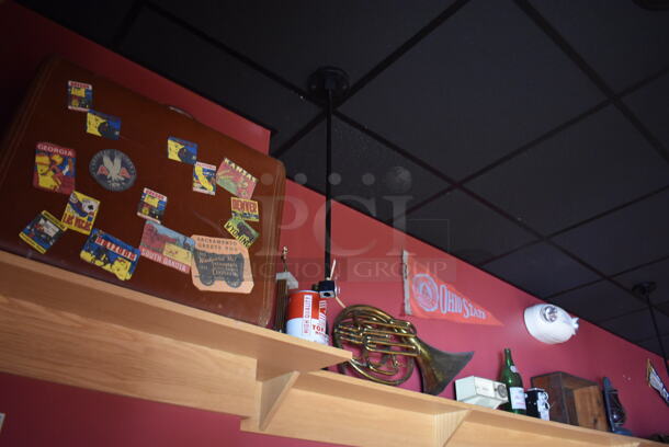 ALL ONE MONEY! Shelf Lot of Various Items Including Bottles and Hats and Wall Decor Above The Shelf. Does Not Include The Shelf Itself. BUYER MUST REMOVE. (Party Dining Room) - Image 8 of 8