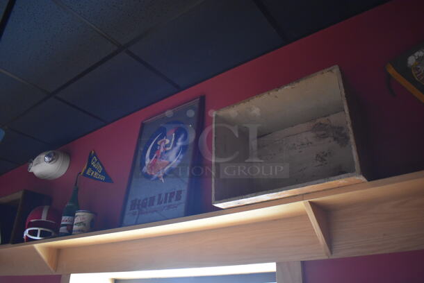 ALL ONE MONEY! Shelf Lot of Various Items Including Fan and Crates and Wall Decor Above The Shelf. Does Not Include The Shelf Itself. BUYER MUST REMOVE. (Party Dining Room) - Image 3 of 7