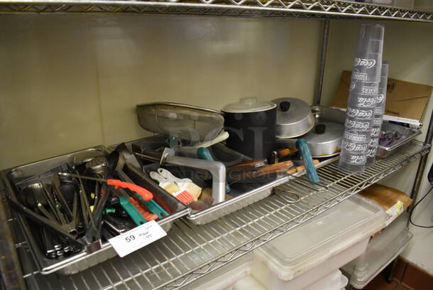 ALL ONE MONEY! Tier Lot of Various Items Including Utensils, Metal Lids and Poly Beverage Tumblers. (Kitchen)