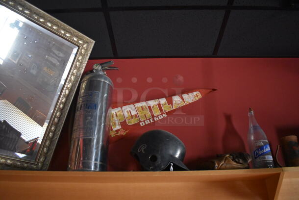 ALL ONE MONEY! Shelf Lot of Various Items Including Helmet and Crates and Wall Decor Above The Shelf. Does Not Include The Shelf Itself. BUYER MUST REMOVE. (Party Dining Room) - Image 2 of 6