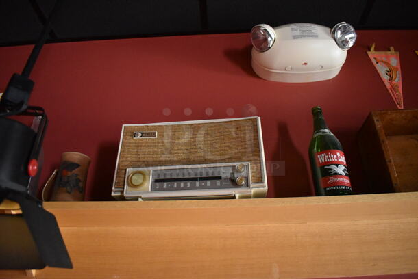 ALL ONE MONEY! Shelf Lot of Various Items Including Helmet and Crates and Wall Decor Above The Shelf. Does Not Include The Shelf Itself. BUYER MUST REMOVE. (Party Dining Room) - Image 3 of 6