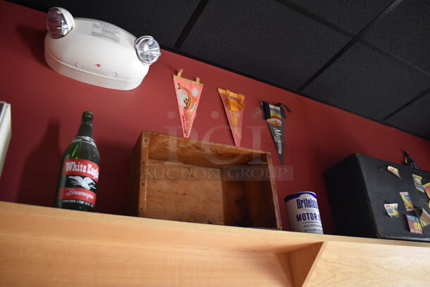 ALL ONE MONEY! Shelf Lot of Various Items Including Helmet and Crates and Wall Decor Above The Shelf. Does Not Include The Shelf Itself. BUYER MUST REMOVE. (Party Dining Room) - Image 4 of 6