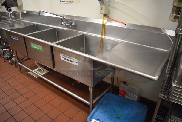 Stainless Steel Commercial 3 Bay Sink w/ Dual Drain Boards, Faucet and Handles. BUYER MUST REMOVE. (Kitchen) - Image 7 of 8