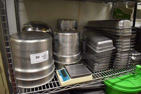 ALL ONE MONEY! Tier Lot of Various Items Including Taylor Scale, Stainless Steel Drop in Bins and Stainless Steel Cylindrical Bins. (Kitchen)