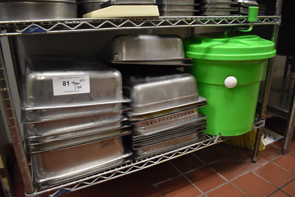 ALL ONE MONEY! Tier Lot of Various Items Including Stainless Steel Drop in Bins and Green Poly Salad Spinner. (Kitchen)