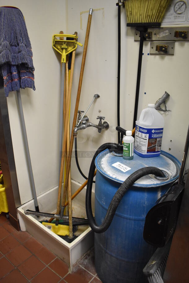 ALL ONE MONEY! Lot of Blue Poly Tank, Mops, Squeegee and Dust Pan. Does Not Include Anything That Would NEed Tools To Remove Like Sink or Wall Mount Holders. (Kitchen) - Image 1 of 4