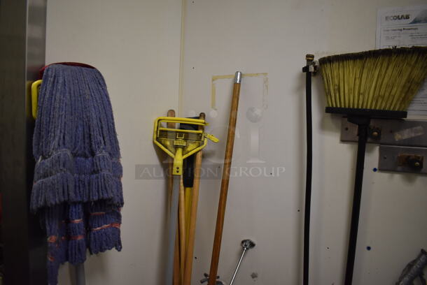 ALL ONE MONEY! Lot of Blue Poly Tank, Mops, Squeegee and Dust Pan. Does Not Include Anything That Would NEed Tools To Remove Like Sink or Wall Mount Holders. (Kitchen) - Image 4 of 4