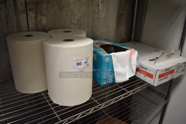 ALL ONE MONEY! Tier Lot of Various Items Including Paper Towels and Trash Can Liners. (Kitchen)