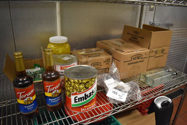 ALL ONE MONEY! Tier Lot of Various Items Including Banana Peppers, Jalapenos and Brown Sugar Cinnamon Syrup. (Kitchen)