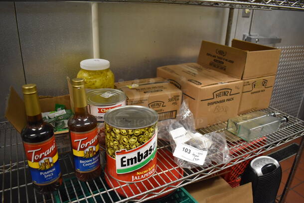 ALL ONE MONEY! Tier Lot of Various Items Including Banana Peppers, Jalapenos and Brown Sugar Cinnamon Syrup. (Kitchen) - Image 1 of 5