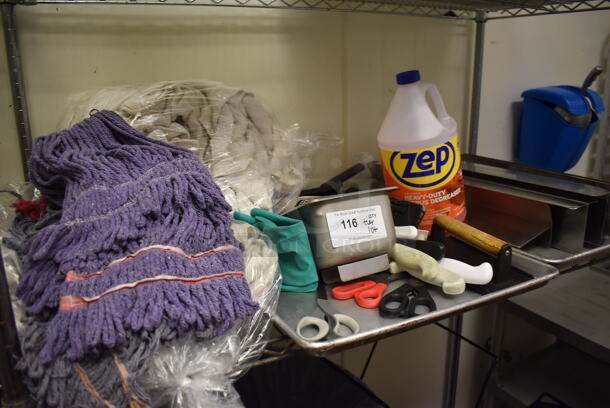 ALL ONE MONEY! Tier Lot of Various Items Including Towels and Scissors. Does Not Come w/ Mop Heads Shown In Pictures. (Kitchen) - Image 1 of 4